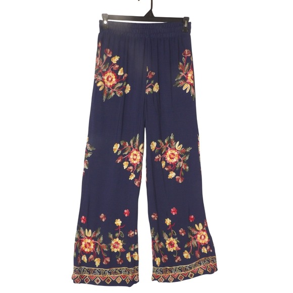 Liv Los Angeles Pants - LIV LOS ANGELES Navy Blue Floral Embroidered Wide Leg Pants Size Small